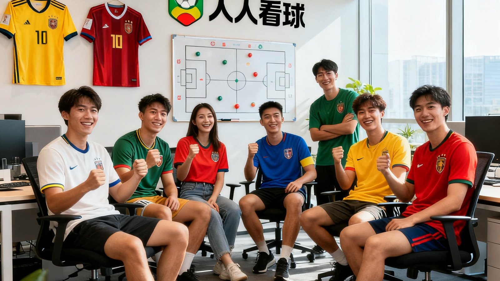 一群充满活力的年轻人坐在现代办公室，墙上挂着足球衣和战术板，背景是人人看球logo